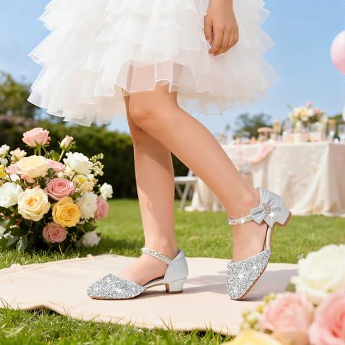 Image of Motasha Sparkly Girls Dress Shoes Kids High Heels Toddler to Big Kid | Glitter Closed Toe, Rhinestone Bow Straps, Hook-and-Loop Closure, Low Heel, Anti-Slip Outsole for Wedding Birthday Parties