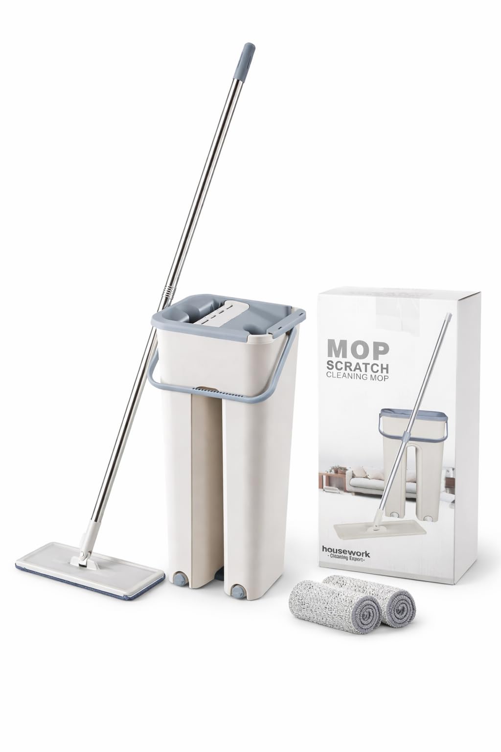 Scratch Flat Mop & Bucket Set with Wringer | Microfiber Floor Cleaning Mop with 4 Stainless Steel Rods | Hands-Free Squeeze System | Reusable Pads for Home, Kitchen, Office-image-17