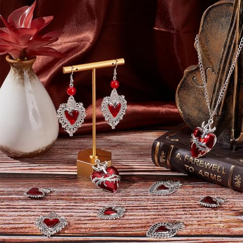 SUNNYCLUE 1 Box 20Pcs Valentines Day Heart Charms Gothic Style Sacred Heart Charms Bulk Antique Silver Red Thistles Thorns Fancy Enamel for jewellery Making Valentine's Day DIY Crafts Supplies - Image 4