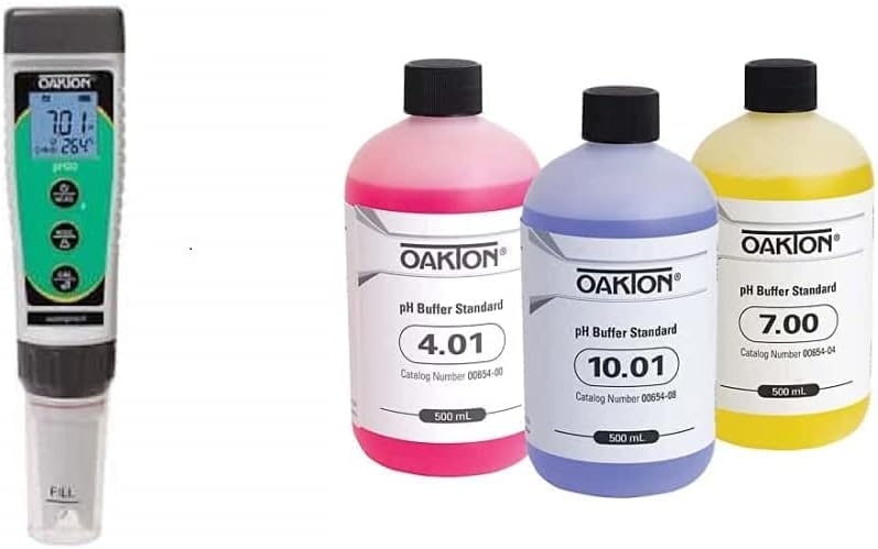 Oakton pHTestr 30 Waterproof pH Testr 30 Pocket Tester & AO-05942-10 Buffer Pack; 500 mL of Each pH 4.01, 7.00, and 10.01 (Pack of 3)