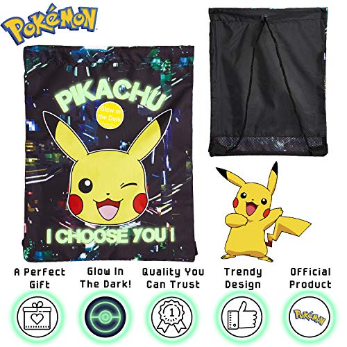 Pokemon Drawstring Bag, PE Gym Bag, Swimming and Sport Sack, Glow in the Dark Bag featuring Pikachu, Lightweight Black String Sack for Kids and Adults, Gifts2