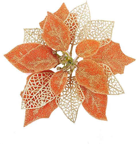 (Pack of 12) Glitter Poinsettia Christmas Tree Ornaments,Christmas Decorations Flower (Orange)