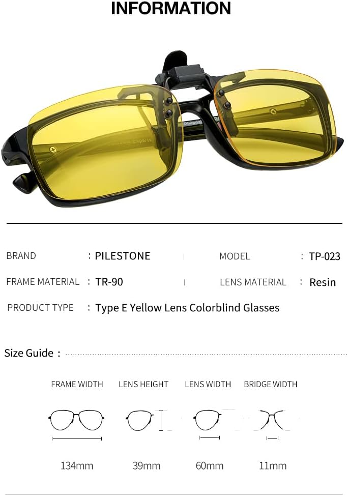 Pilestone TP-023 Yellow Lens Color Blind Glasses Clip-on for Yellow Blindness Indoor/Ourdoor Use