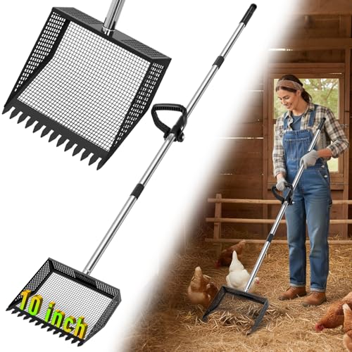 TOOGE Large Chicken Poop Scooper: 2-in-1 Metal Pooper Scooper & Rake Adjustable 62 Long Handle Stainless Steel Sand Sifting Litter Shovel Chicken Coop Scoop Cleaning for Bedding Goats Bright Black