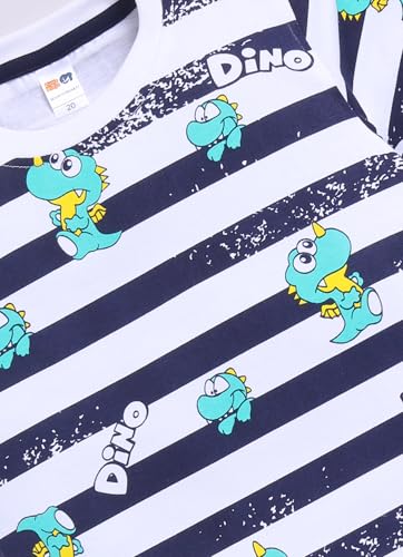 Image of LITTLE NINJA Cotton Half Sleeves Baby Dinosaur Printed Tee & Coordinating Shorts Set - White and Navy