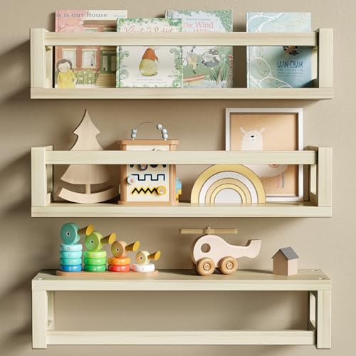 Image of TidyCorner Sturdy Floating Shelves – Set of 3 Wall Bookshelves and Nursery Floating Shelves for Books, Toys, Kitchen, Bathroom, and Home Decor – Natural Poplar