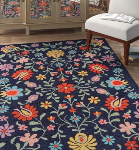 Image of Floral Pattern Wool Carpet with Loop Texture Yarn Anti Shedding Carpet Size 12x18 Feet A3 Blue & Multi