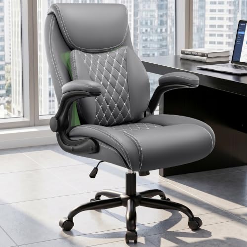 Image of Office Chair, Ergonomic Executive Desk Chair with Lumbar Support for Lower Back Pain Relief, Padded Flip-Up Armrests, Leather Home Office Chair, Gray