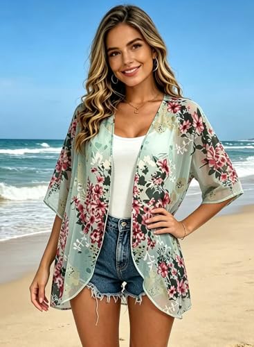 Image of FINOCEANS Womens Floral Chiffon Kimono Cardigans Loose Beach Cover Up Half Sleeve Tops