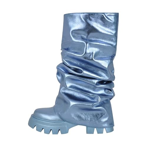 sexytag Women's Platform Metallic Mid Calf Boots Slouchy Foldover Flatform Round Toe Western Pull-On Fashion Shark Booties Blue Size 8