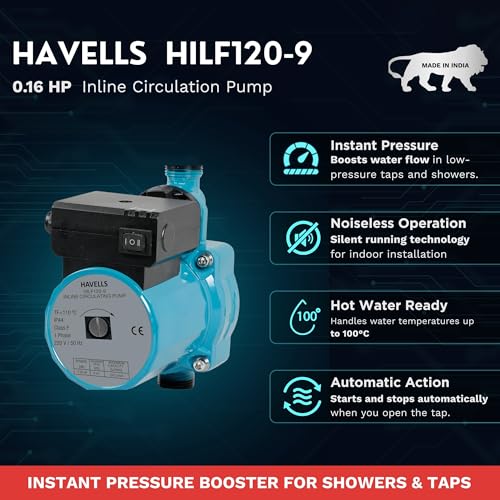 Image of Havells Inline Pressure Booster Water Pump HILF120-9 (0.5 HP) | Copper Winding, High Flow Rate, 180-260 V Range | Overheat Protection, Durable | for Bathroom, Shower, Geyser | 1 Yr Warranty