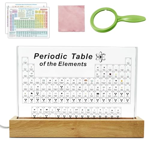 Zythtic Periodic Table With Real Elements Inside, Acrylic Periodic Table With 83 Real Elements, Warm LED Light Wooden Stand, Magnifying Glass, And Periodic table poster for Kids, Students, Teacher