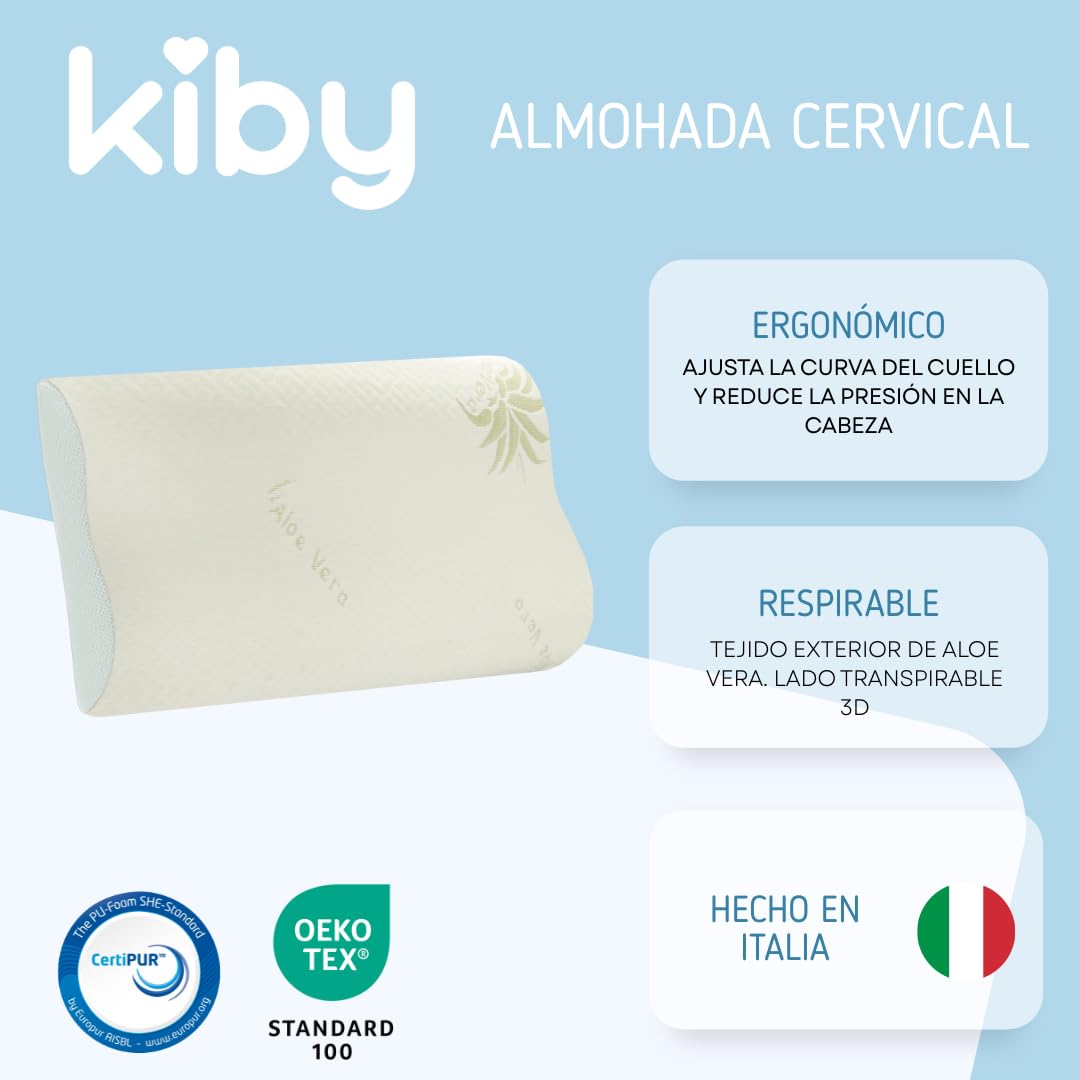 Kiby® Almohada cervical de espuma viscoelástica (certificado OEKO-TEX®), ortopédica, con aloe vera, doble onda, ergonómica, transpirable, antirronquidos, hipoalergénica y lavable
