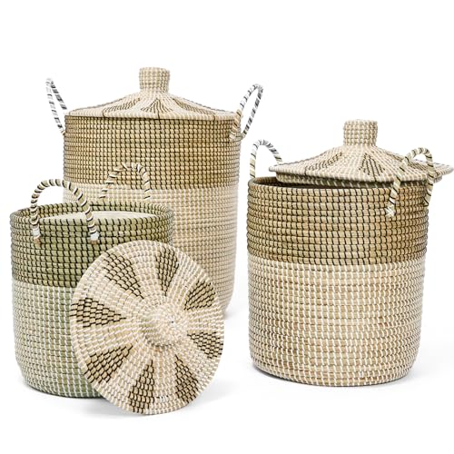 Panier de Rangement, Panier à Linge, Set de 3 Paniers en Herbe de Mer Artisanaux du Vietnam (75.99L/42.99L/25.65L) avec Doublure Amovible, Couvercle &...