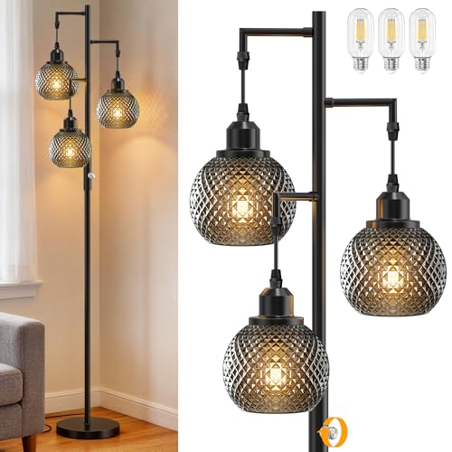 Image of QiMH Modern Glass Floor Lamps for Living Room, 3 Lights Standing Lamp, Grey