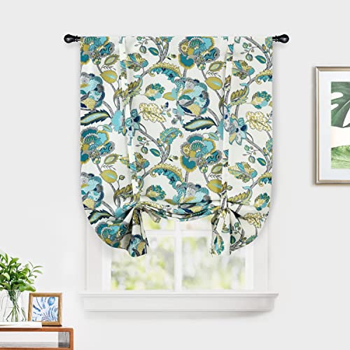 Driftaway Layla Tie Up Curtain For Kitchen 47 Inches Long Adjustable Balloon Shade For Living Room Bedroom Classic America Style Floral Leaves Printed Drapes Rod Pocket W31Xl47 Teal And Gray #TOP26