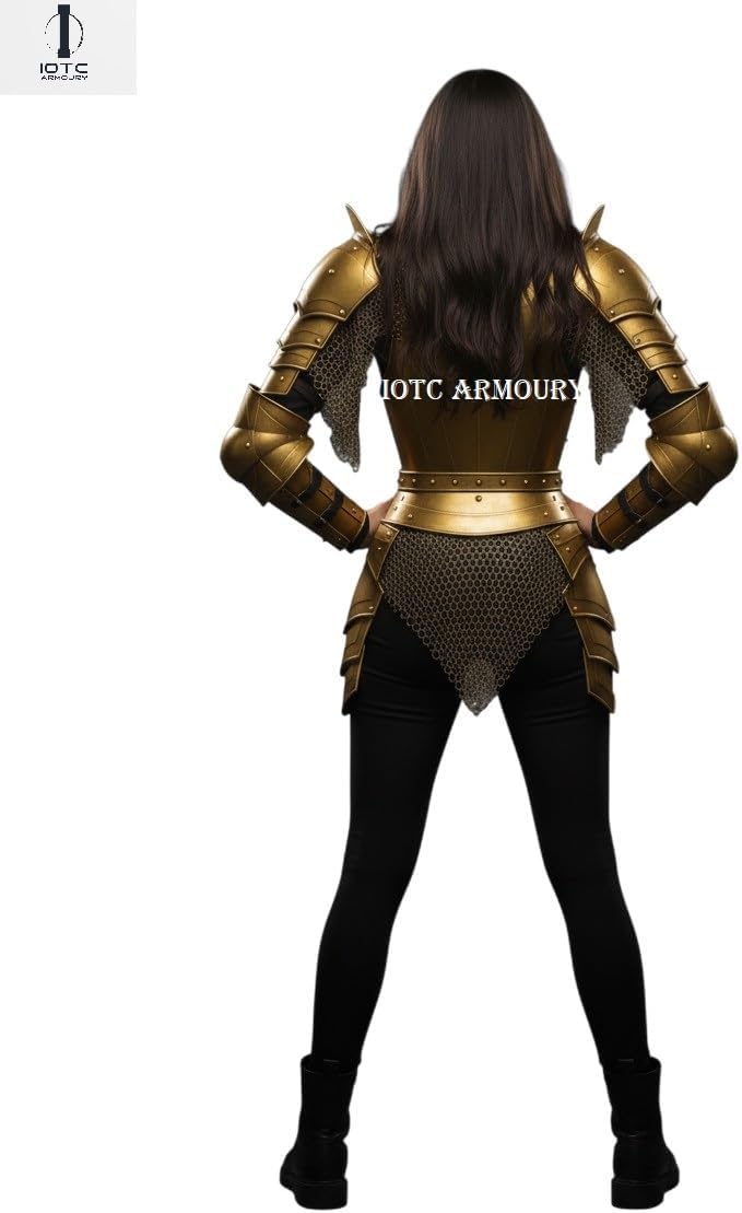 Medieval Brave Lady Armor Suit-Lady Knight Chainmail Armour Costume-Female Cuirass With Tasset Belt-Women's Shoulder Armor Pauldron For LARP, Cosplay, Reenactment,Halloween & Theator Act Costume