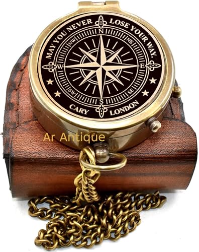Brújula de bolsillo de latón grabado con estuche de cuero y cadena - Brújula antigua funcional con cita inspiradora, regalo vintage para graduación, bautizo, confirmación, cumpleaños importante y retiro.