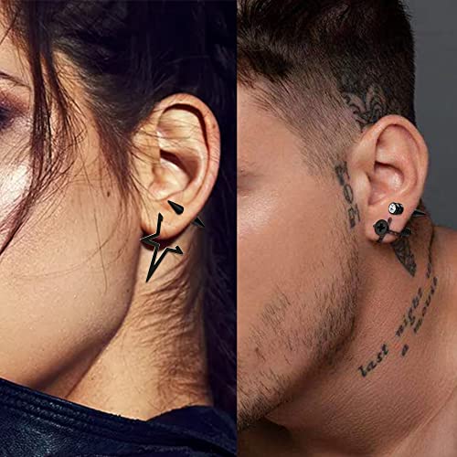 Ironbox 16 Pairs Stainless Steel Y2K Punk Hoop Dangle Earrings For Men Women Emo Goth Chains Statement Cross Guitar Lock Barbell Star Screw Cone Flame Stud Earrings For Men #TOP4