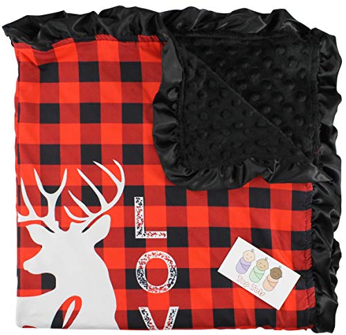 Image of Top Tots Baby Blanket - Minky, Deer with Text, White on Red and Black Plaid, with Black Ruffles