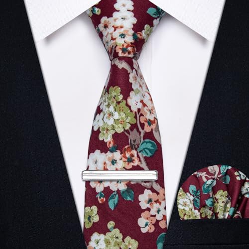 Image of YourTies Cotton Floral Tie for Men 2.5 inch Printed Skinny Necktie Pocket Square Tie Clip Set Flower Wedding Party Groom