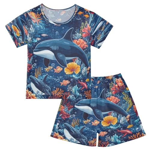 Pajama Sets Short Sleeve Ocean Life Dolphin Pattern Soft Cotton Summer Sleepwear 2 Piece PJS Size 5-14T