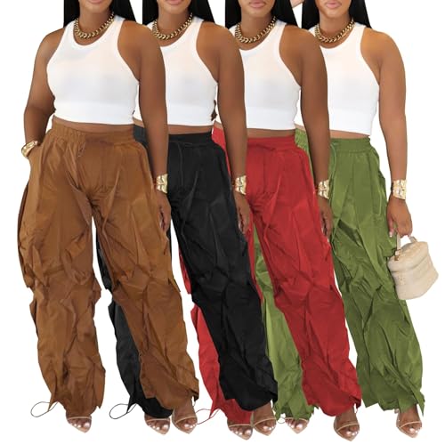 Image of Lucuna Women Balloon Pants Ruffle Fringe Drawstring High Waist Wide Leg Baggy Joggers Parachute Pants