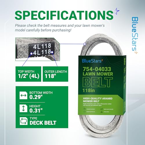 Image of BlueStars 754-04033 Deck Belt | Heavy-Duty Aramid Cord | 1 /2 inch x 118 inch | Deck Belt for Cub Cadet LT1046 RZT S42 RZT L42 754-04033 MTD Troy Bilt Lawn Mower 754-04033A OCC-754-04033 954-04033A