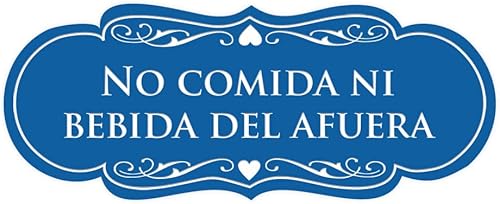 Señal de diseño español No comida ni bebida del afuera (azul) - mediano