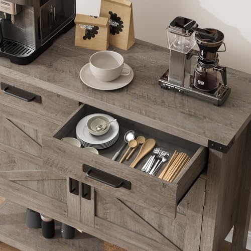 Farmhouse Console Table with 2-Door Cabinet & 2 Drawers, Coffee Bar, Entryway Table with Storage Shelf, Sofa Tables Buffet Sideboard for Kitchen, Hallway, Dining, Living Room, Grey