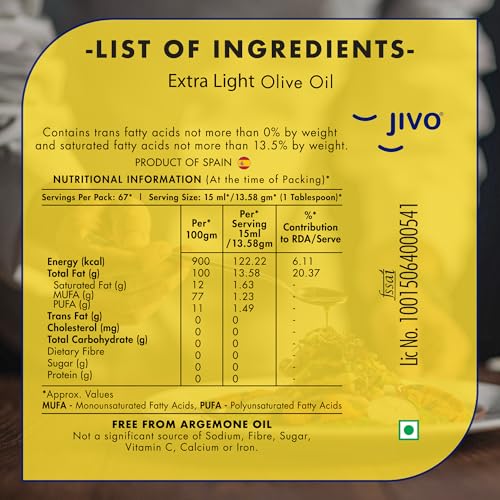 Image of Jivo Extra Light Olive Oil 5 Litre TIN | Imported from Spain | Recommendable Daily Cooking for Roasting, Frying, Baking All type of Cuisines| Low Saturated Fat, Low Saturated Fat | (Pack of 3)