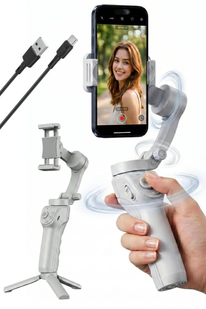 Estabilizador cardán de 3 ejes con luz de relleno y trípode compatible con teléfonos móviles Android e iOS
