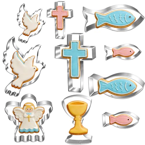 UKoosien Lot de 10 Emporte-pièces en Forme de Colombe, Poisson, Ange, Croix, Calice pour Décoration de Baptême Chrétienne