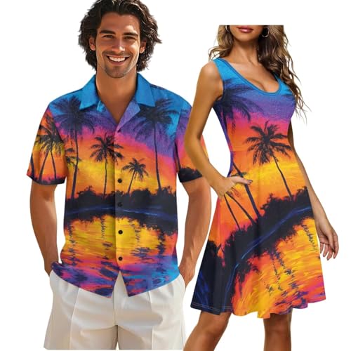 COEQINE Trajes hawaianos a juego para parejas, talla grande, vestido de verano sin mangas y camisas cortas para hombre, estampado de palmera, camisa hawaiana Luau, faldas sin mangas para vacaciones, S