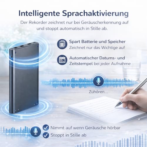 CleverTalk Q1 16GB Mini Aufnahmegerät mit KI-App, Transkription und Übersetzung 100+ Sprachen, Sprachaktivierung, HD Rauschunterdrückung, App-Konfiguration, Android iPhone Mac PC