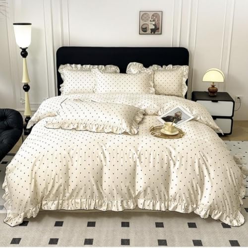 3pcs Bedding Set Black Dots Duvet Cover Set with Ruffles-Soft Microfiber Princess Style Comforter Cover(2 Pillow Shams,1 Duvet Cover) (Polka Dots, Full)