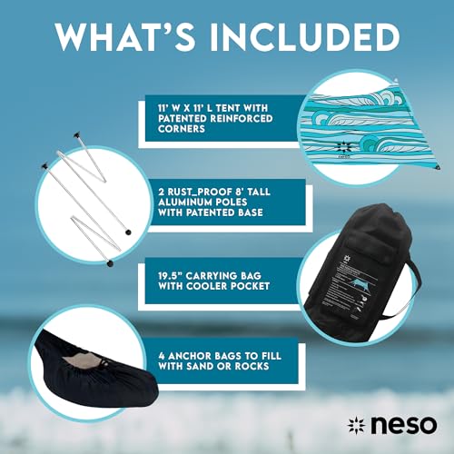 Image of Neso Gigante Portable Beach Tent Sun Shelter - Lightweight Beach Shade Canopy - Easy Setup for Family Outings - Patented Reinforced Corners - UPF 50+ Sun Protection - 8ft Tall, 11 x 11ft - Swells
