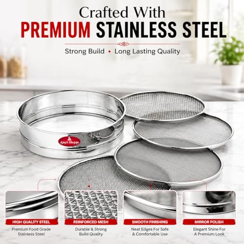 Image of Ajay's Shoppe Stainless Steel 4-in-1 Flour Sieve Set 20 CM | Atta Chalni with 4 Interchangeable Mesh Sieves for Maida, Besan, Suji & Spice Straining