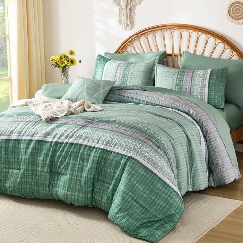 Image of Boho Queen Comforter Size Set, 8 Pieces Sage Green Striped Texture Bed in a Bag Bedding Sets, Lightweight Soft Comforter and Sheet Set, All Season Microfiber Teen Boys Bedding Sets for Men Women