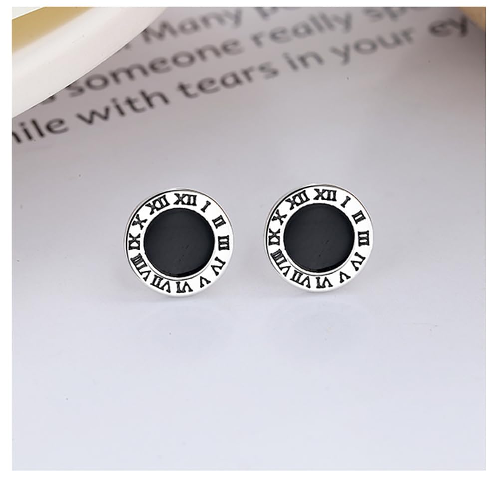 YDYDTTKD Orecchini a Bottone da Uomo, Argento Sterling, Smalto Nero con Numeri Romani, Elegante Look Hip Hop da Strada per Ragazzi e Donne