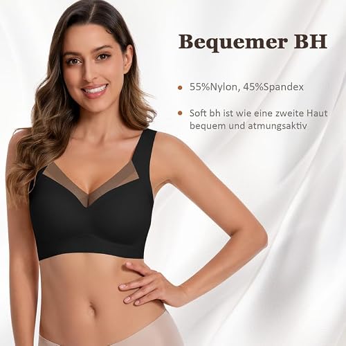 Jiuday Nahtloser BH ohne Bügel Bustier Damen Gepolstert Comfit Sport BH Bügelloser Push Up BHS Große Brüste Starker Halt Jelly Bra Soft Seamless Spitze Bralette (Anziehen-Schwarz,3XL)