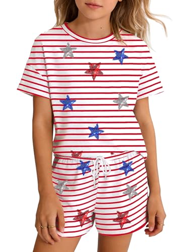 tiorhooe Kids 4th of July Outfit 2 Piece Set for Girls Boys American Flag Shirt and Shorts Patriotic USA 250 Anniversary