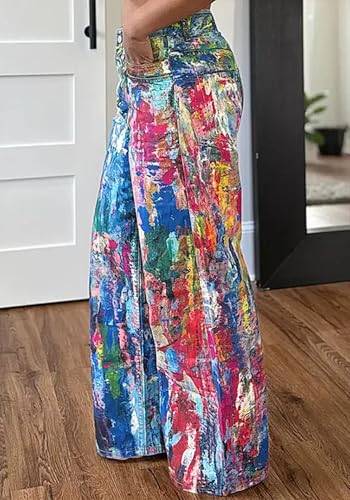 Women's Tie Dye Print Splash Jeans High Waisted Wide Leg Baggy Vintage Denim Pants with Pockets2