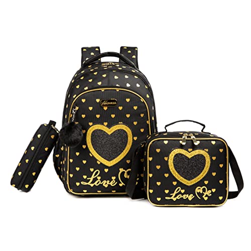 Conjunto de Mochila Escolar Infantil com Bolsa Térmica e Estojo - Ideal para Meninos e Meninas de 7 a 12 Anos (Coração de ouro negro)