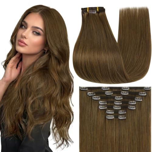 Image of Full Shine Human Hair Clip in Extensions | Light Brown Clip in Hair Extensions Human Hair, for Cheer, 20 Inch 7 Pcs 120g