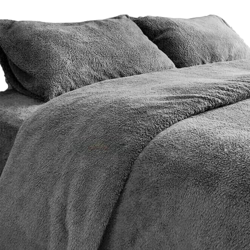 PARADISE STAR Teddy Fleece Duvet Quilt Cover Bedding Set including Matching Pillowcase Fluffy Thermal Warm and Cosy Charcoal Single 135cm x 200cm Approximate - Image 3