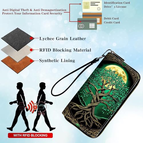 Womens Wallet, PU Leather RFID Cute Wristlet Wallets for Girls Women Ladies Purse Large Credit Card Clutch Purse Card Holder Coin Pocket Travel Wallets with Zipper, Tree Moon3