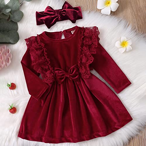 Baby Girls Velvet Lace Ruffle Dress for Kids Princess Vintage Evening Dresses with Headband Christmas Party Winter Outfit2