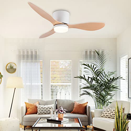 Gesum Ceiling Fan With Light, 42" Small Ceiling Fan Light With 3 Colors, 6 Speeds, Timing,Low Profile Ceiling Fan With Remote Control 3 Blades For Kitchen Bedroom Dining Room (White Wood) #TOP1