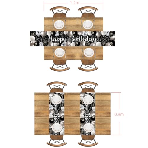Image of Letjolt Silvery Black Balloon Happy Birthday Table Runner 72 Inches | Linen-Like Fabric, Celebrate Birthday Party Table Decor